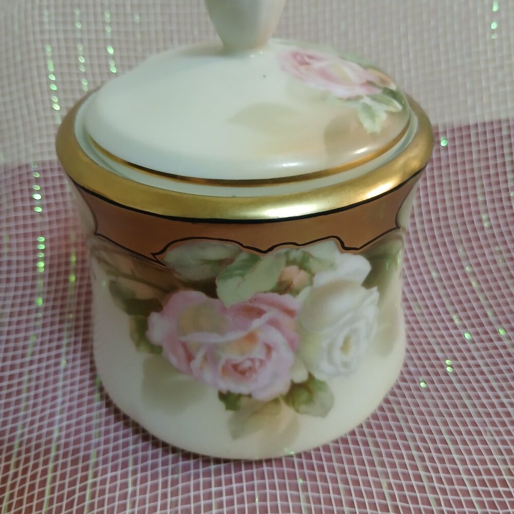 R S Germany Victorian Hand Painted Roses Porcelain Sugar/Jam Jar